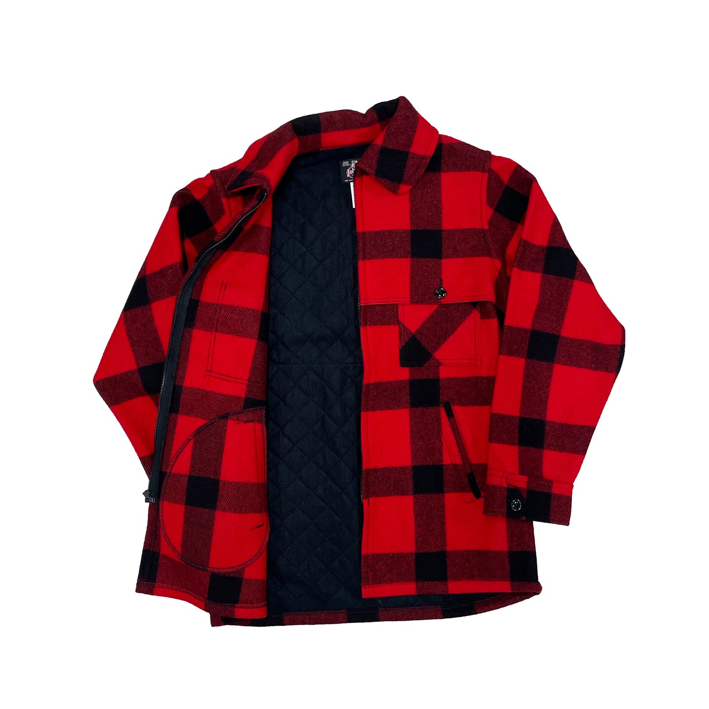 Johnson Woolen Mills Cruiser jacket in Red and black buffalo check  interior view with tricot lining