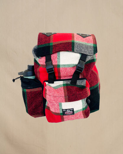 Johnson Woolen Mills Daypack Canadian Plaid Red/Pink/Green/White/ front view with water bottle in side pocket