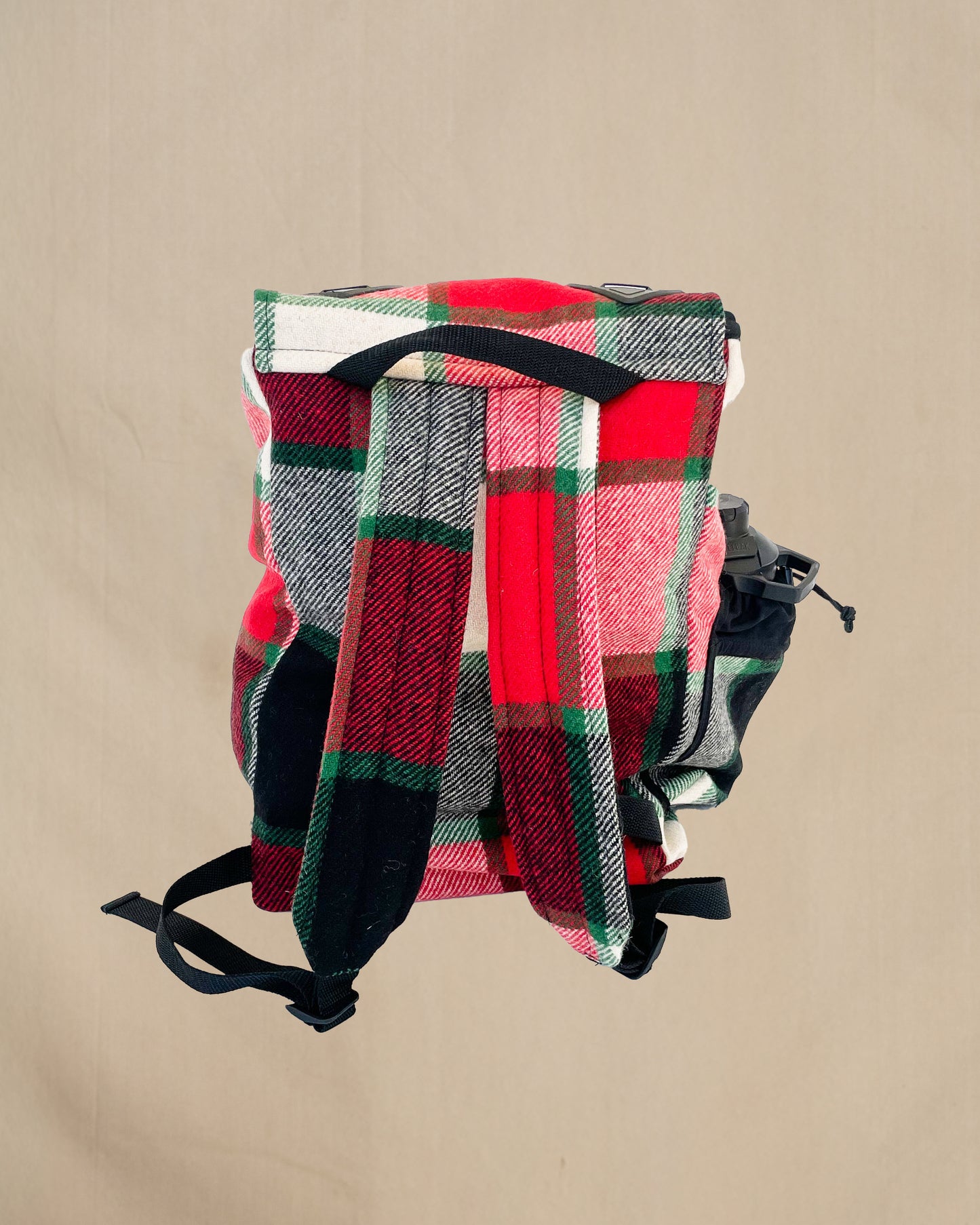 Johnson Woolen Mills Daypack Canadian Plaid Red/Pink/Green/White/ back view with water bottle in side pocket