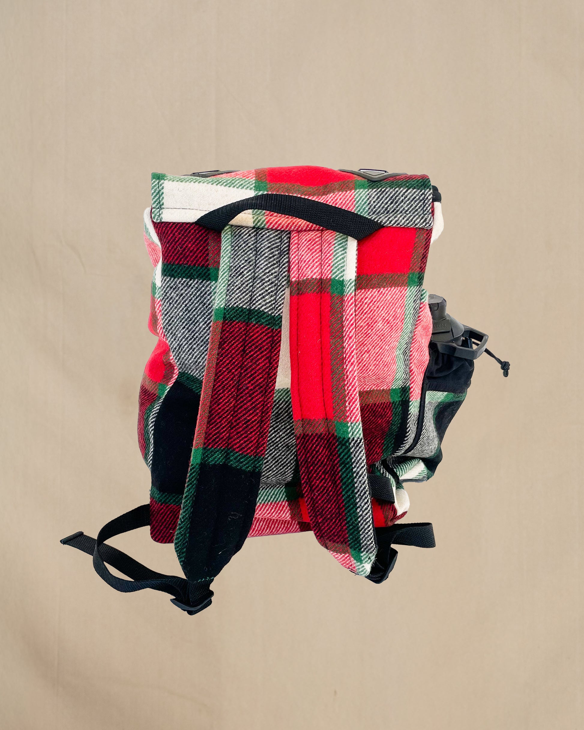 Johnson Woolen Mills Daypack Canadian Plaid Red/Pink/Green/White/ back view with water bottle in side pocket