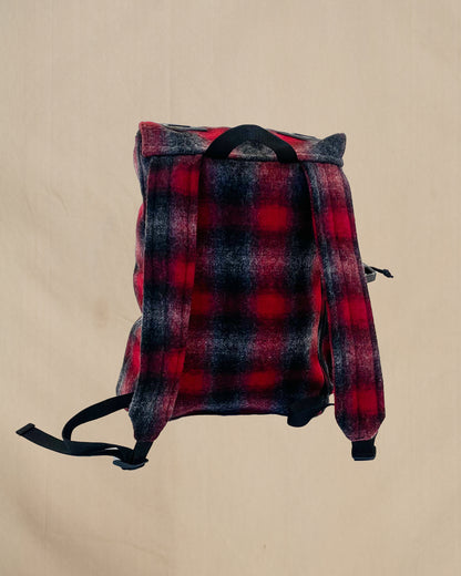Wool back pack red , black and gray muted plaid, back view
