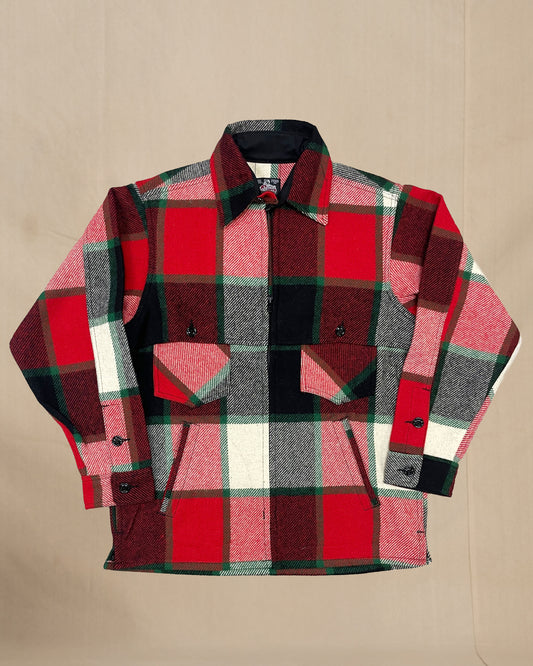 Wool jac shirt with full zipper, two chest pockets and two lower slash pockets. Shown in old Canadian plaid