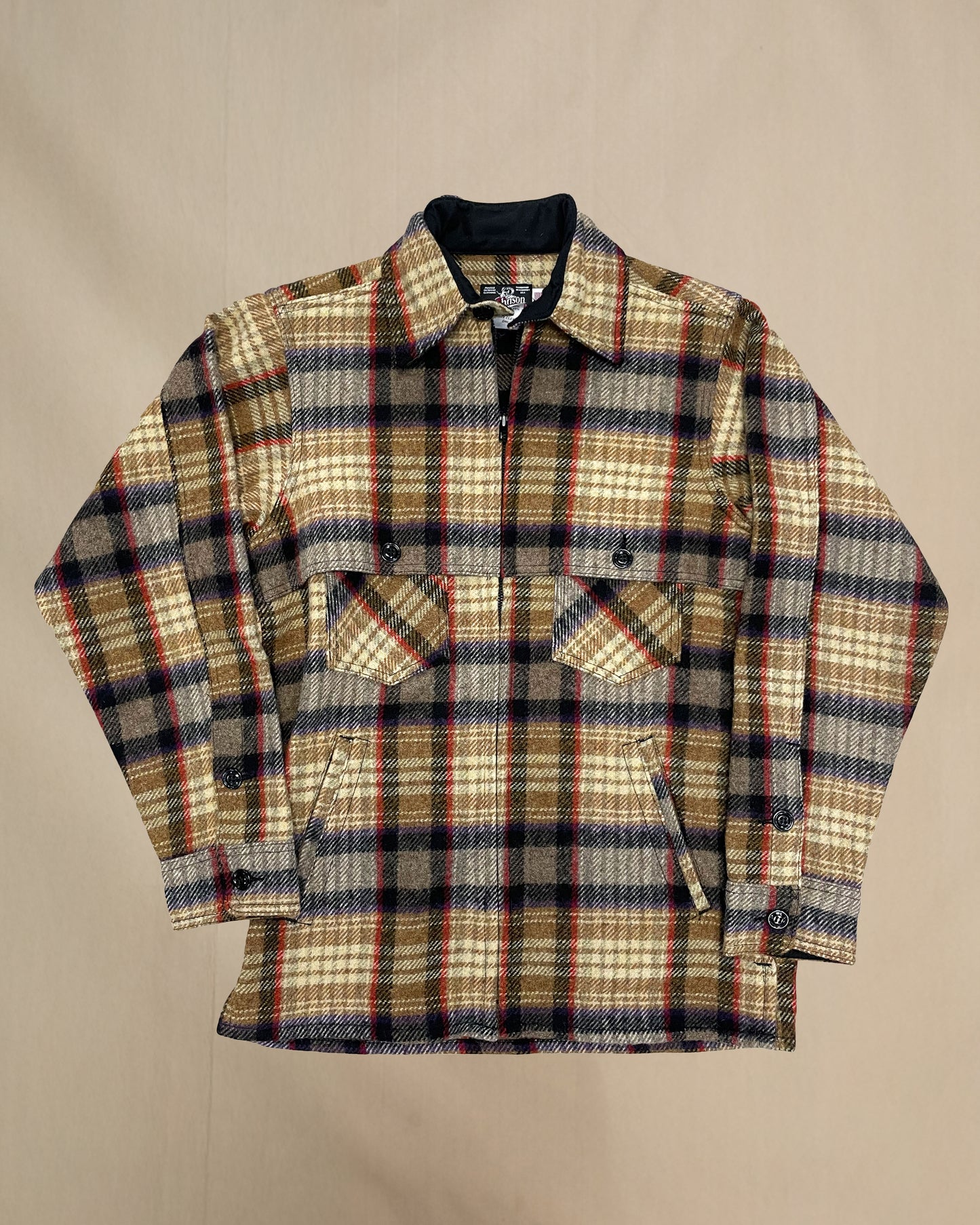 Wool jac shirt with full zipper, two chest pockets and two lower slash pockets. Shown in fabric E