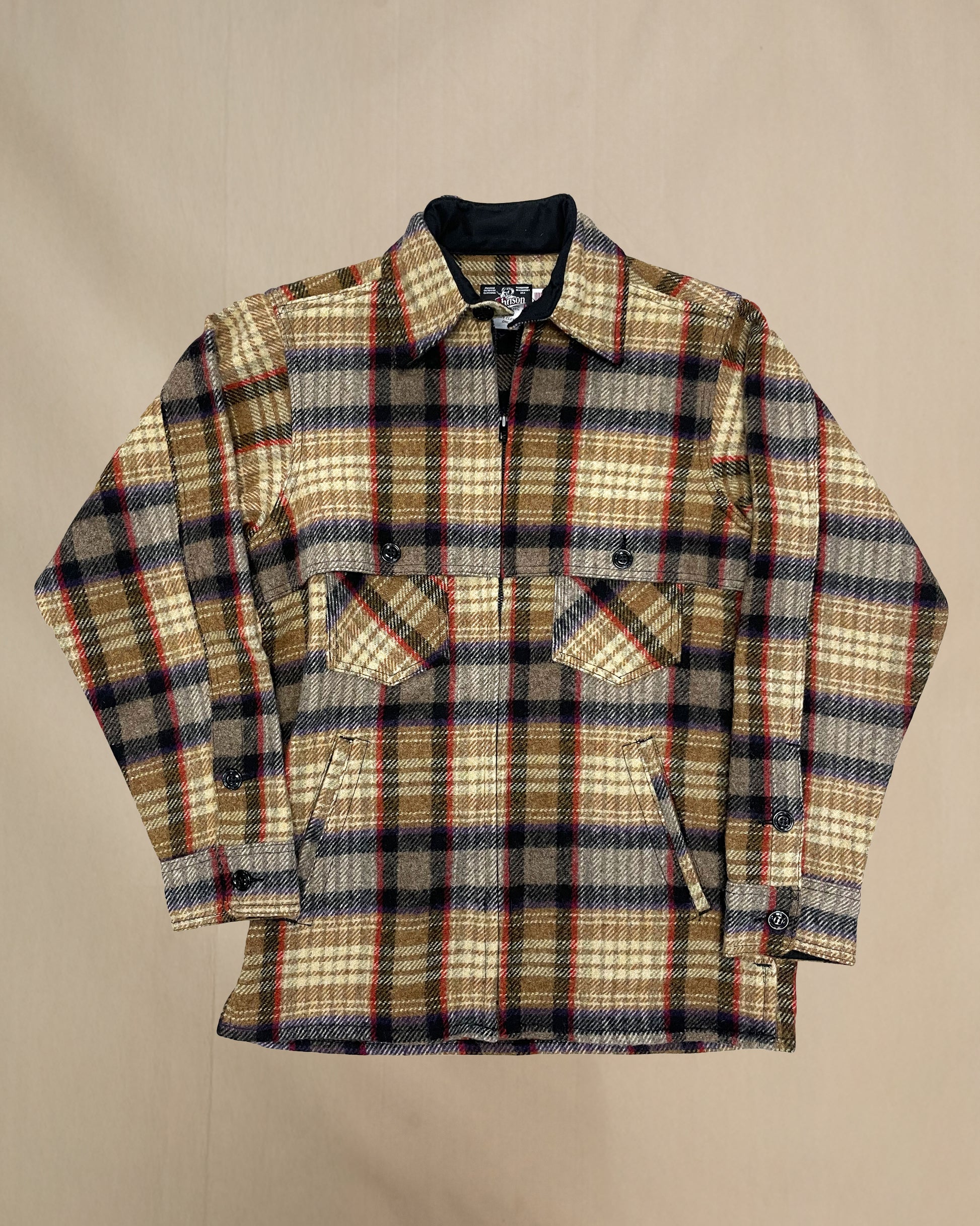 Wool jac shirt with full zipper, two chest pockets and two lower slash pockets. Shown in fabric E