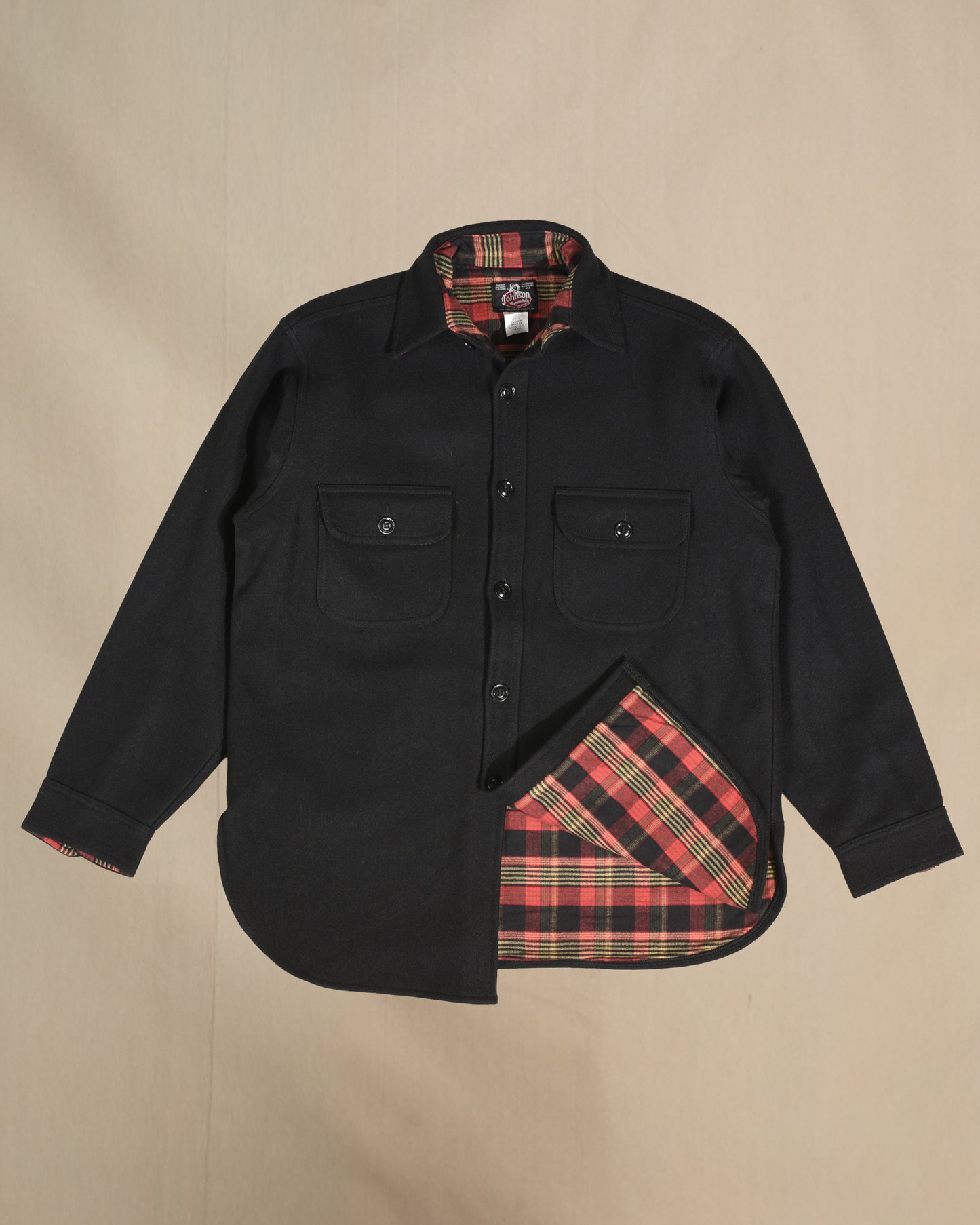 Flannel lined wool shirt with red and black flannel lining