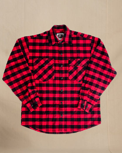 Red and black buffalo check flannel button down shirt