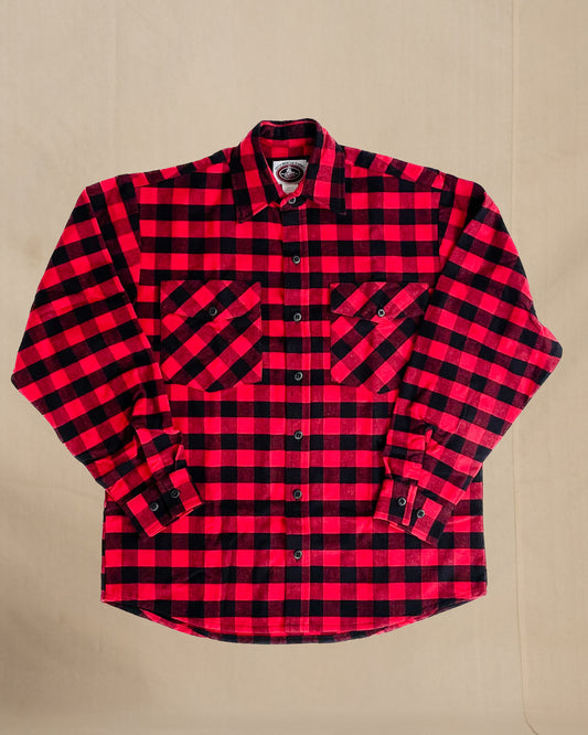 Red and black buffalo check flannel button down shirt