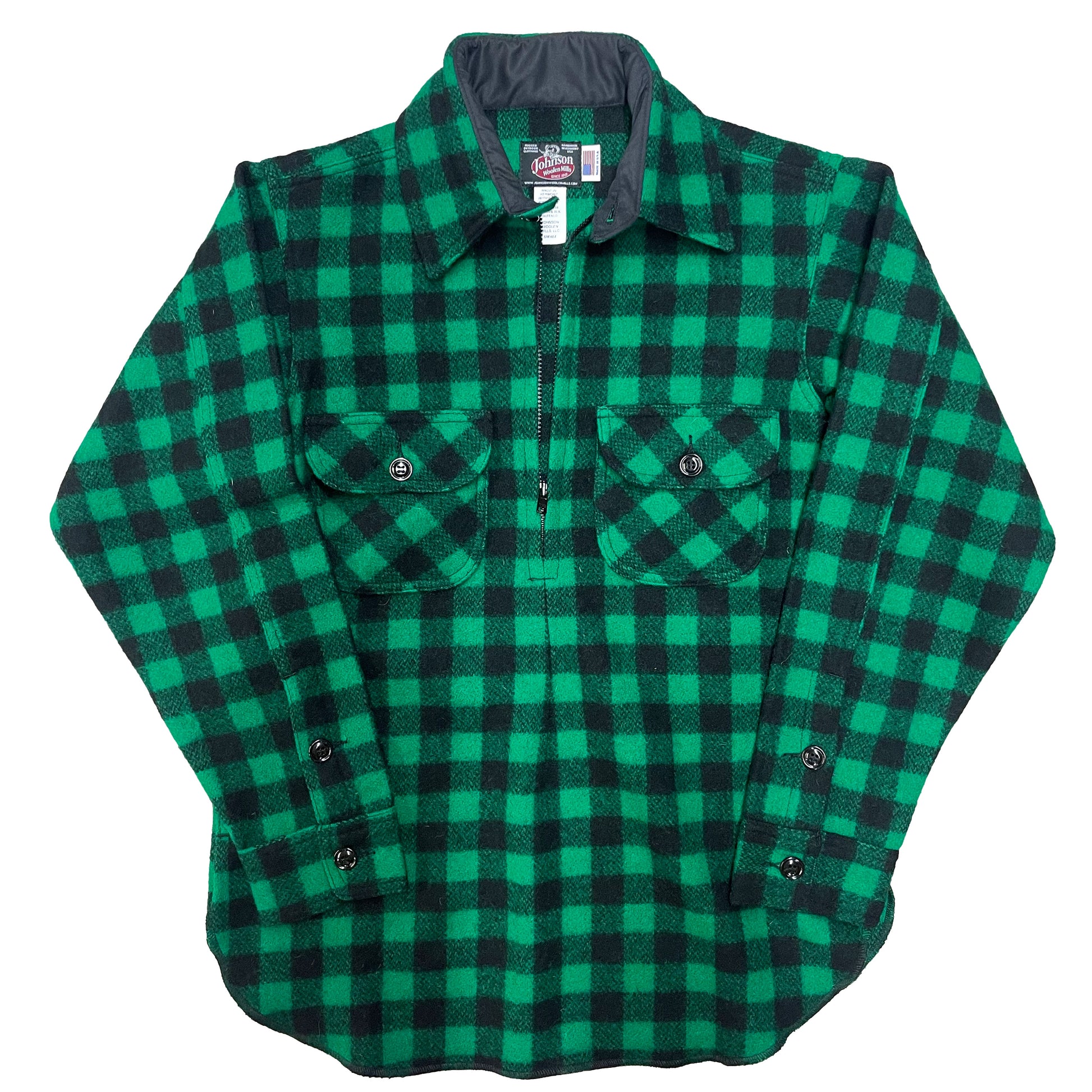 Half Zip Wool shirt - pull over design with a long rounded tail, half zip and two chest pockets. Shown in green and black buffalo plaid