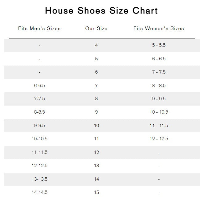 Vermont House Shoes size chart