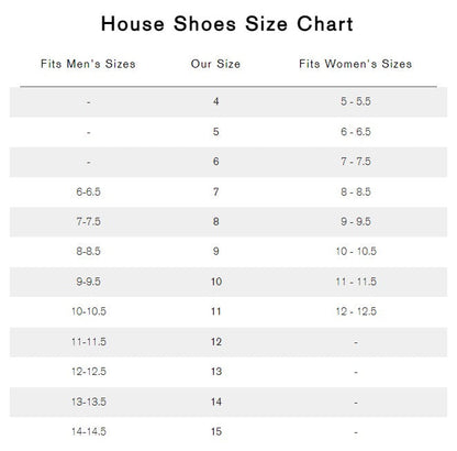 Vermont House Shoes size chart