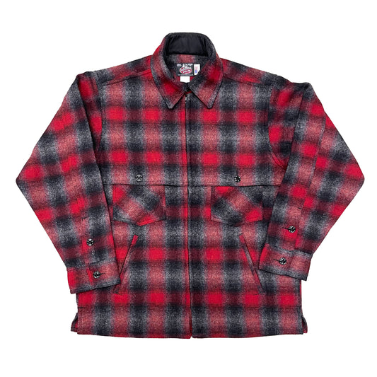 Mens Jac Shirt zipper front two chest pockets & two lower slash pockets, with cape over the shoulders, unlined, red black gray muted plaid