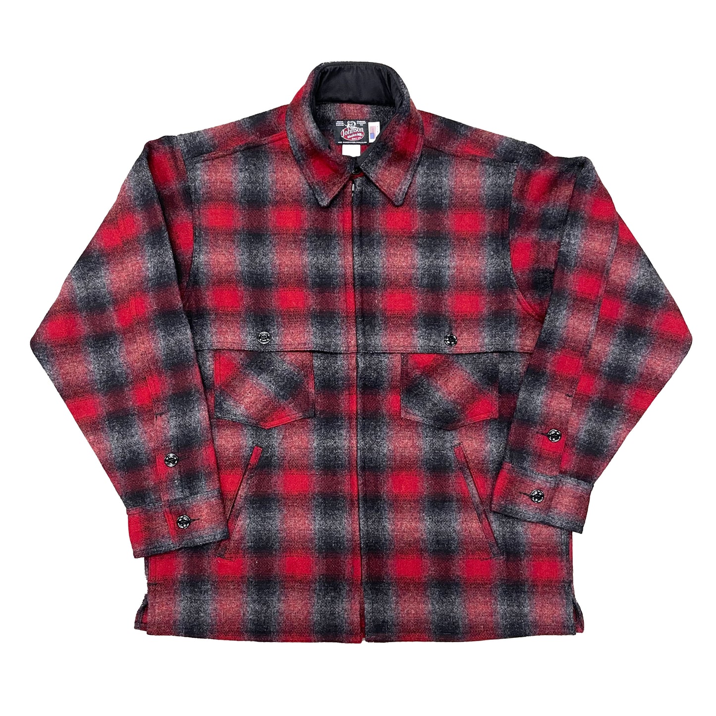 Mens Jac Shirt zipper front two chest pockets & two lower slash pockets, with cape over the shoulders, unlined, red black gray muted plaid