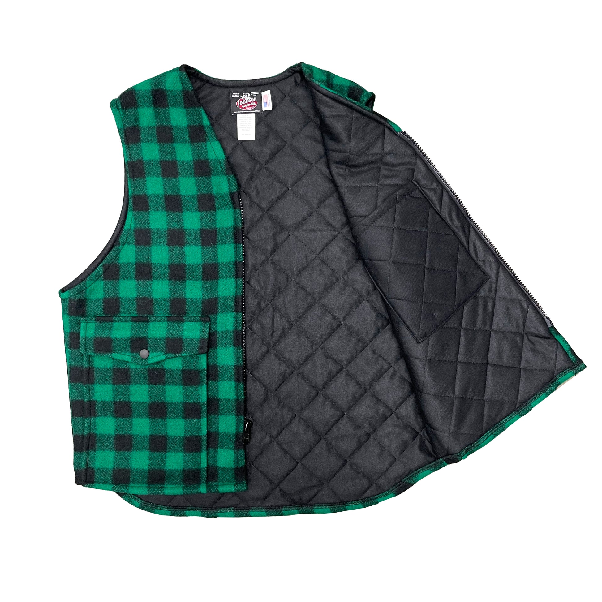 Vest with tricot lining, green & black buffalo check, zipper front, two large pockets and chest pocket, interior view