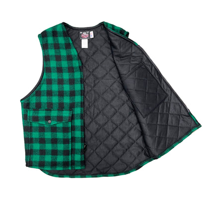 Green and black buffalo check wool vest with tricot lining and interior pocket