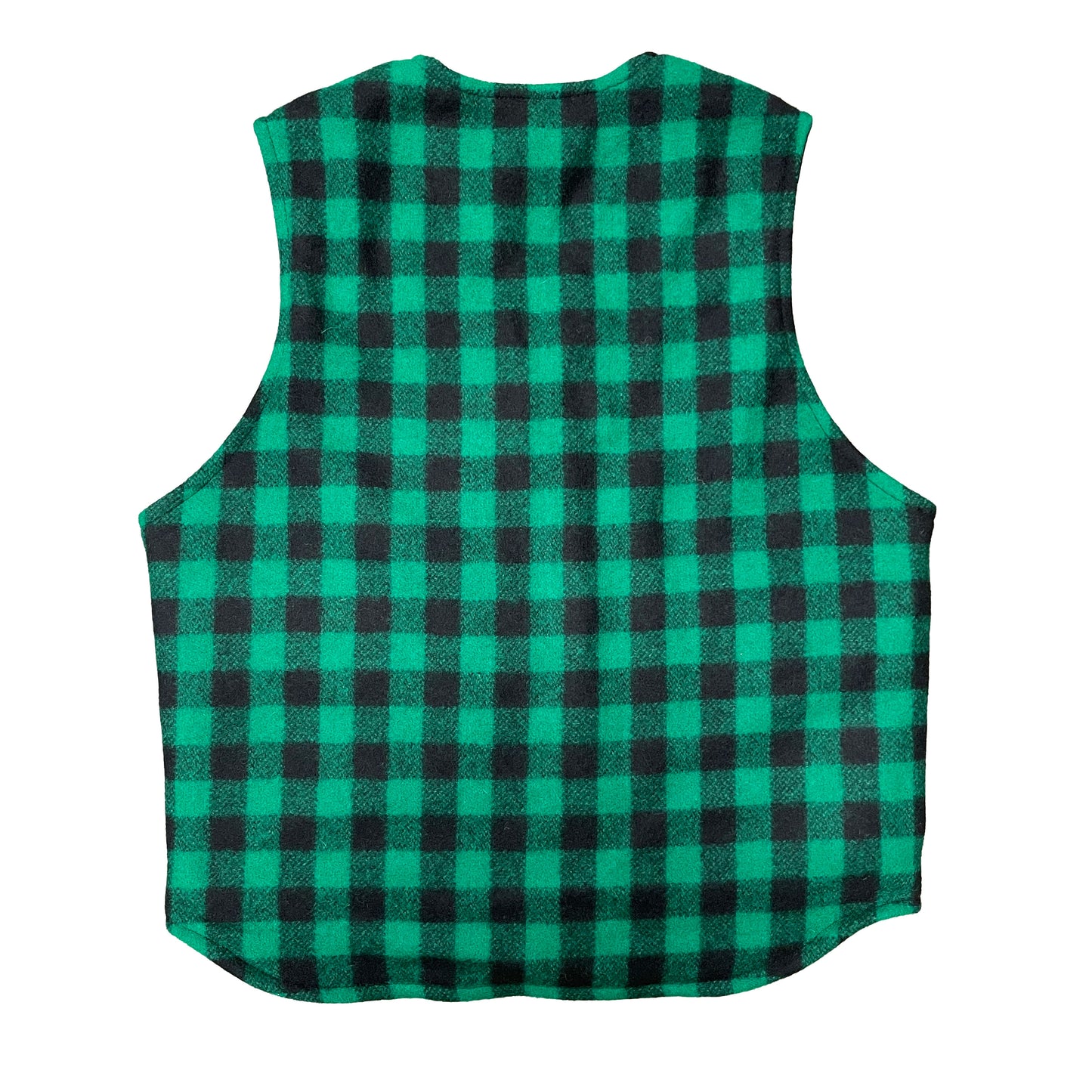 Green and black buffalo check wool vest view of back