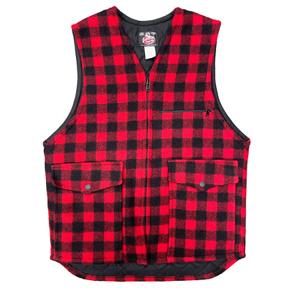 Vest with tricot lining, red & black 1 inch buffalo squares, zipper front, two large pockets and chest pocket, front view