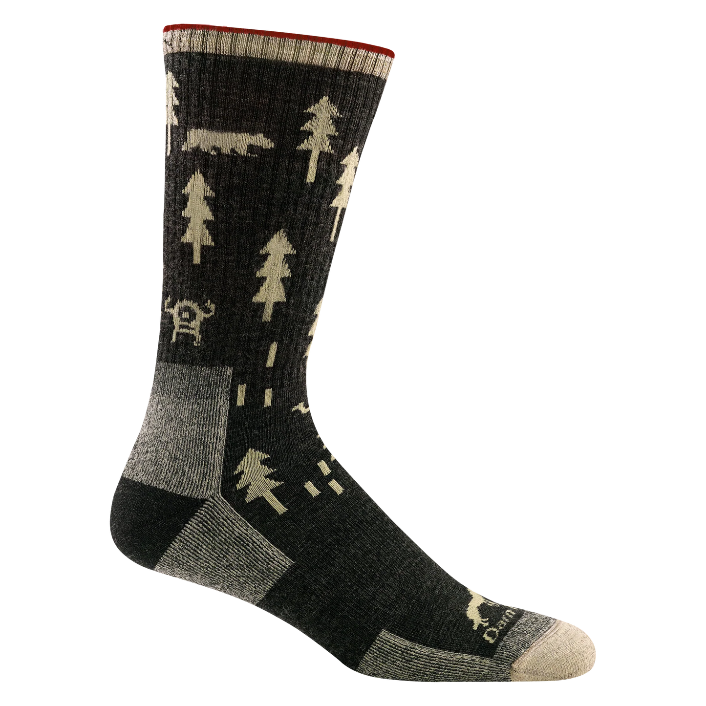 Darn tough olive green sock with cream forest geometric print