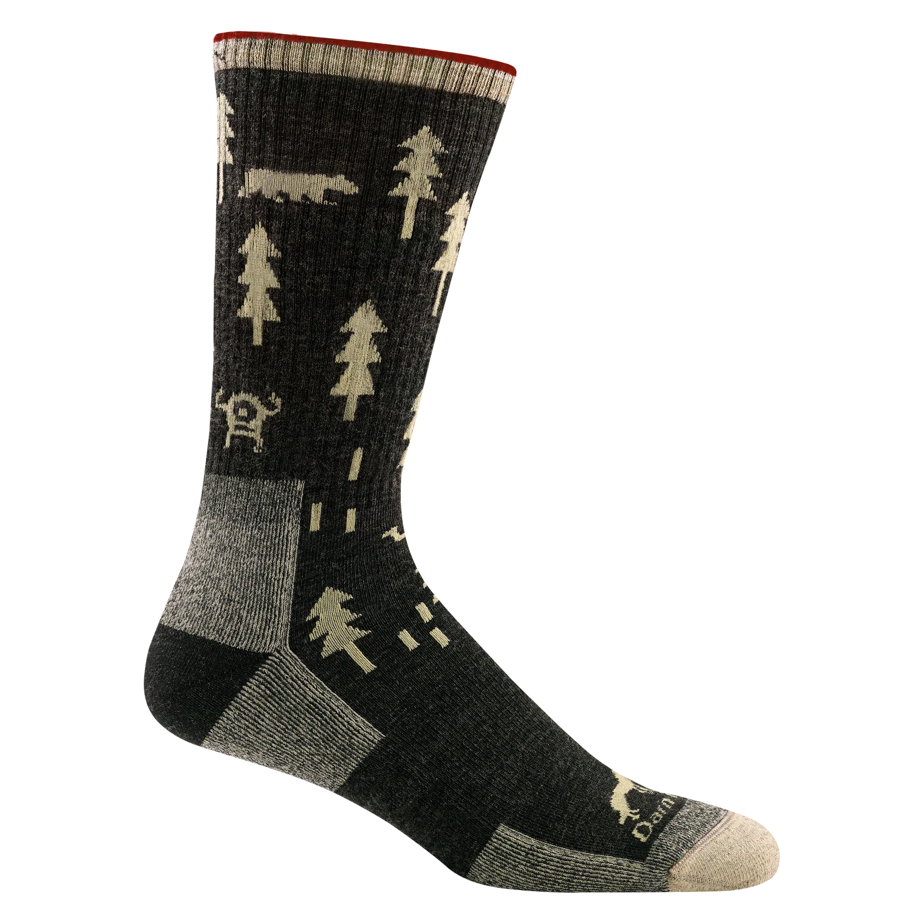 Darn tough olive green sock with cream forest geometric print