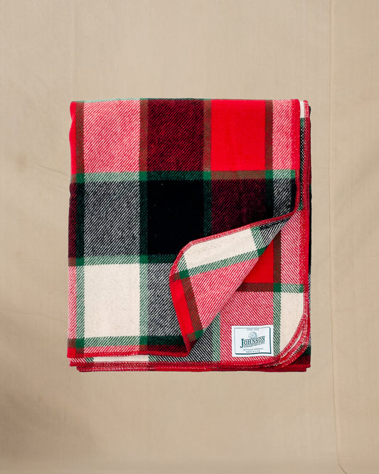 Johnson Woolen Mills Throw, Old Canadian Plaid, Rust/Green/Ivory/Black Plaid, folded view