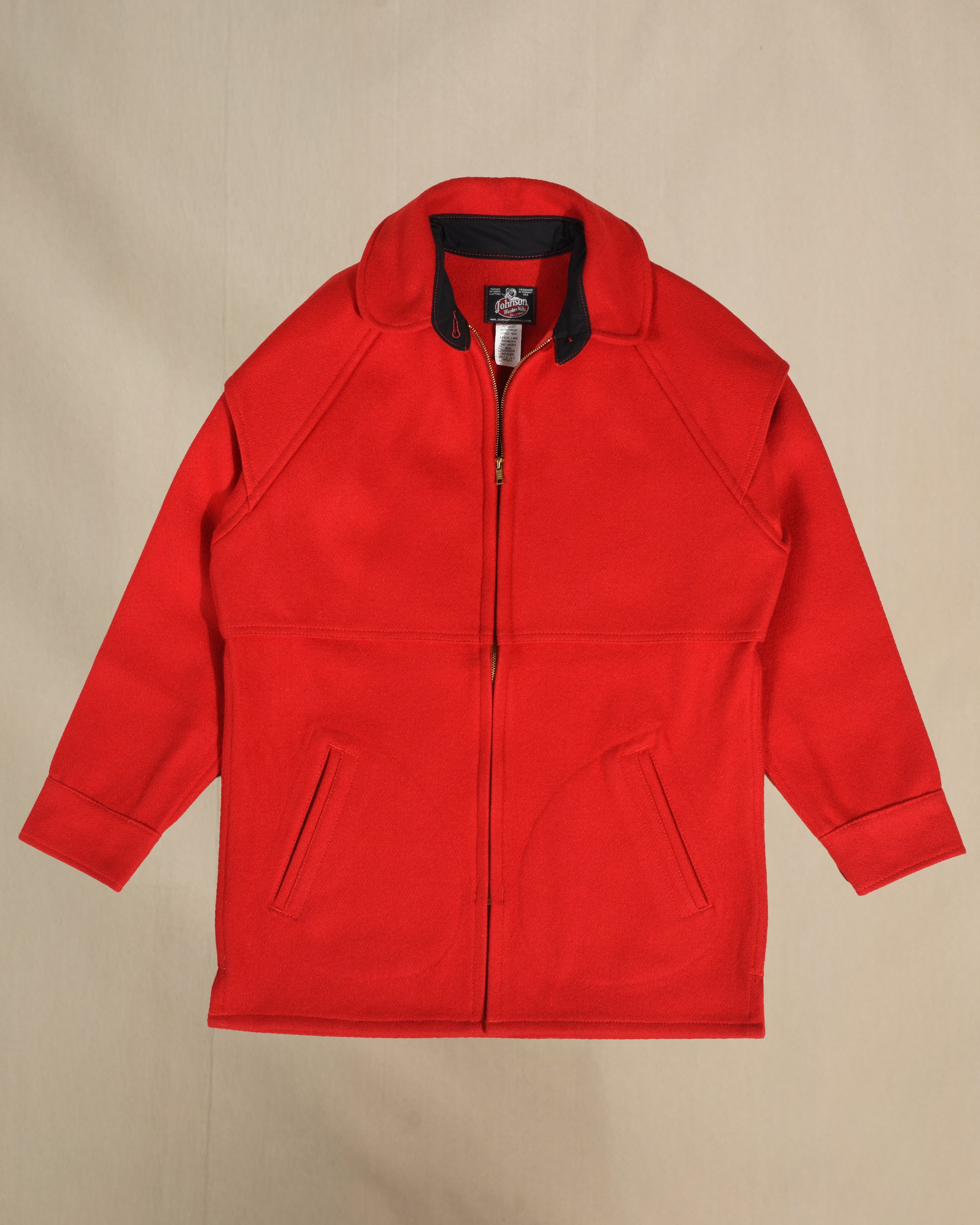Womens Outback Jacket, Bright Scarlet, zipper front & button collar with over the shoulder cape, two slash pockets & button sleeves, zippered front view