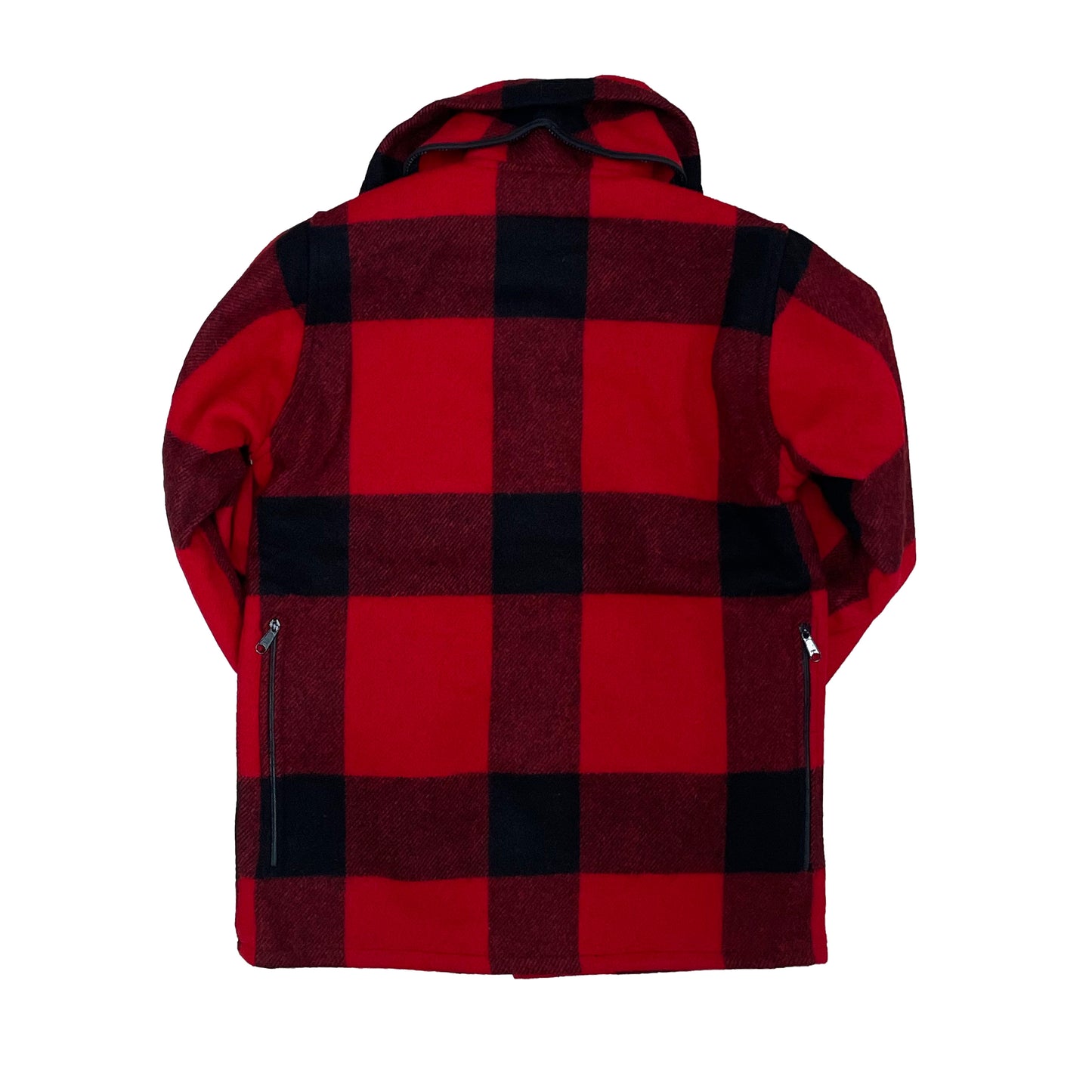 Johnson Woolen Mills Red and black buffalo check outdoor wool coat back view