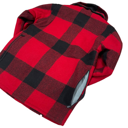 Johnson Woolen Mills Red and black buffalo check outdoor wool coat back pocket detail, back view
