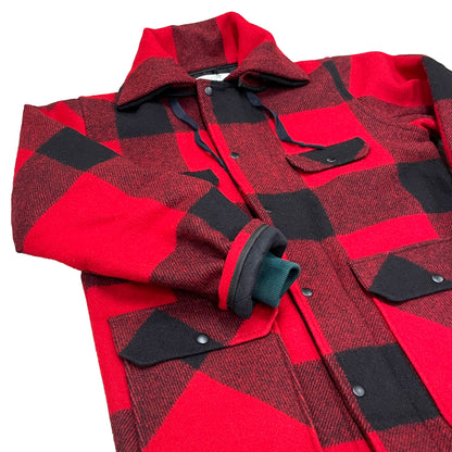 Johnson Woolen Mills Red and black buffalo check outdoor wool coat cuff detail