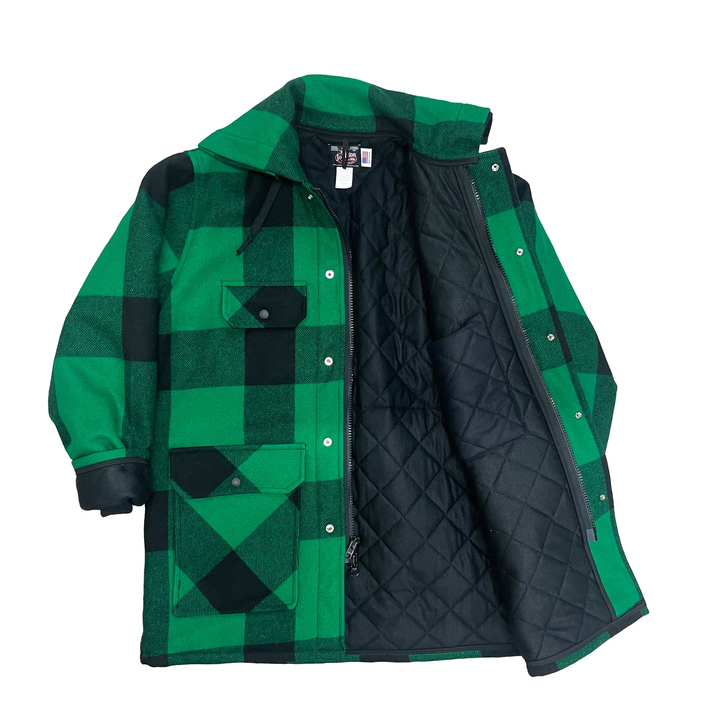 Outdoor Coat, tricot lining, zip hood, 4 pocket & game pouch on the back, green & black squares , interior view