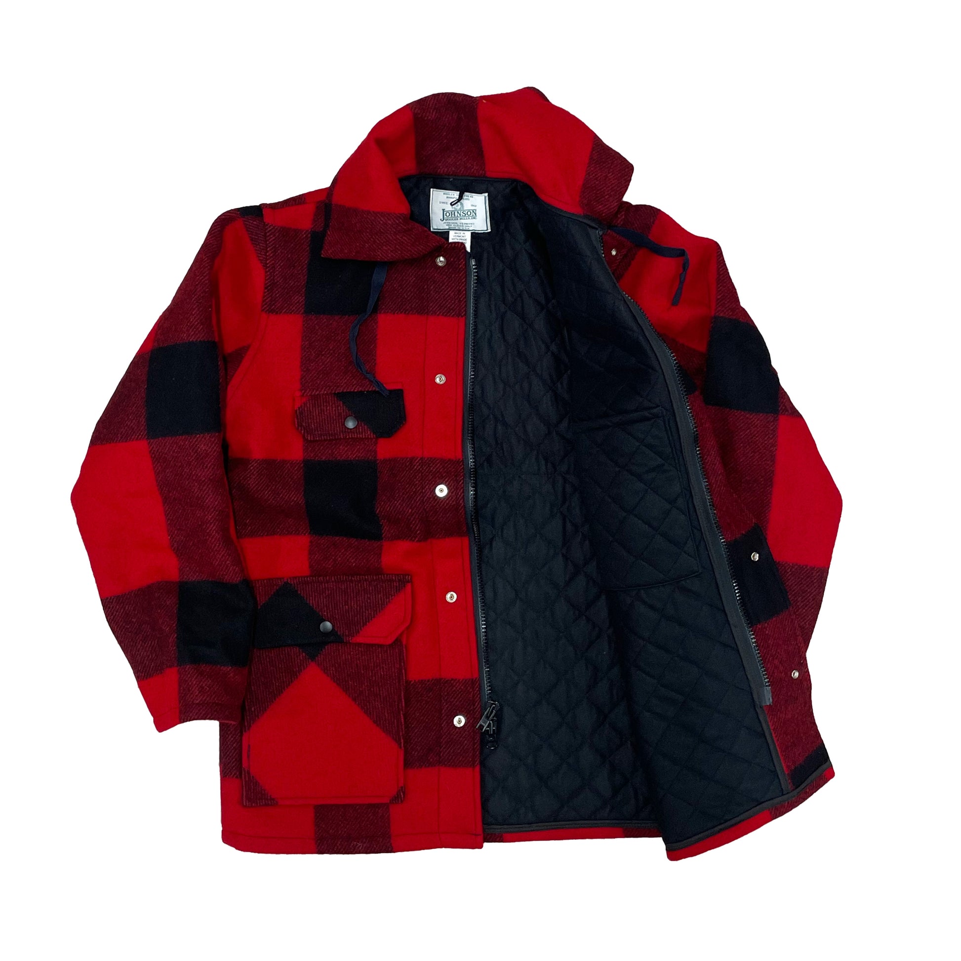 Johnson Woolen Mills Red and black buffalo check outdoor wool coat inside view with tricot lining