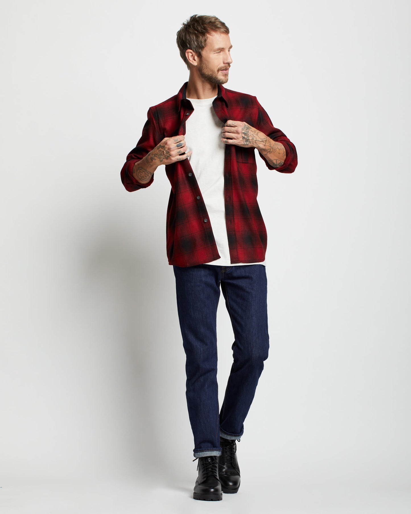 Pendleton Scout red and black plaid button down shirt, shown on model layered with white crew-neck shirt underneath