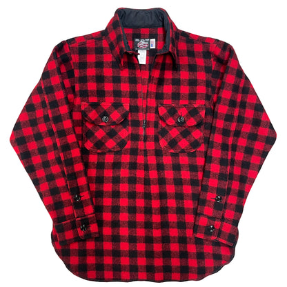 Half Zip Wool shirt - pull over design with a long rounded tail, half zip and two chest pockets. Shown in red and black buffalo plaid