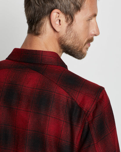 Pendleton Scout red and black plaid button down shirt back shoulder view on model