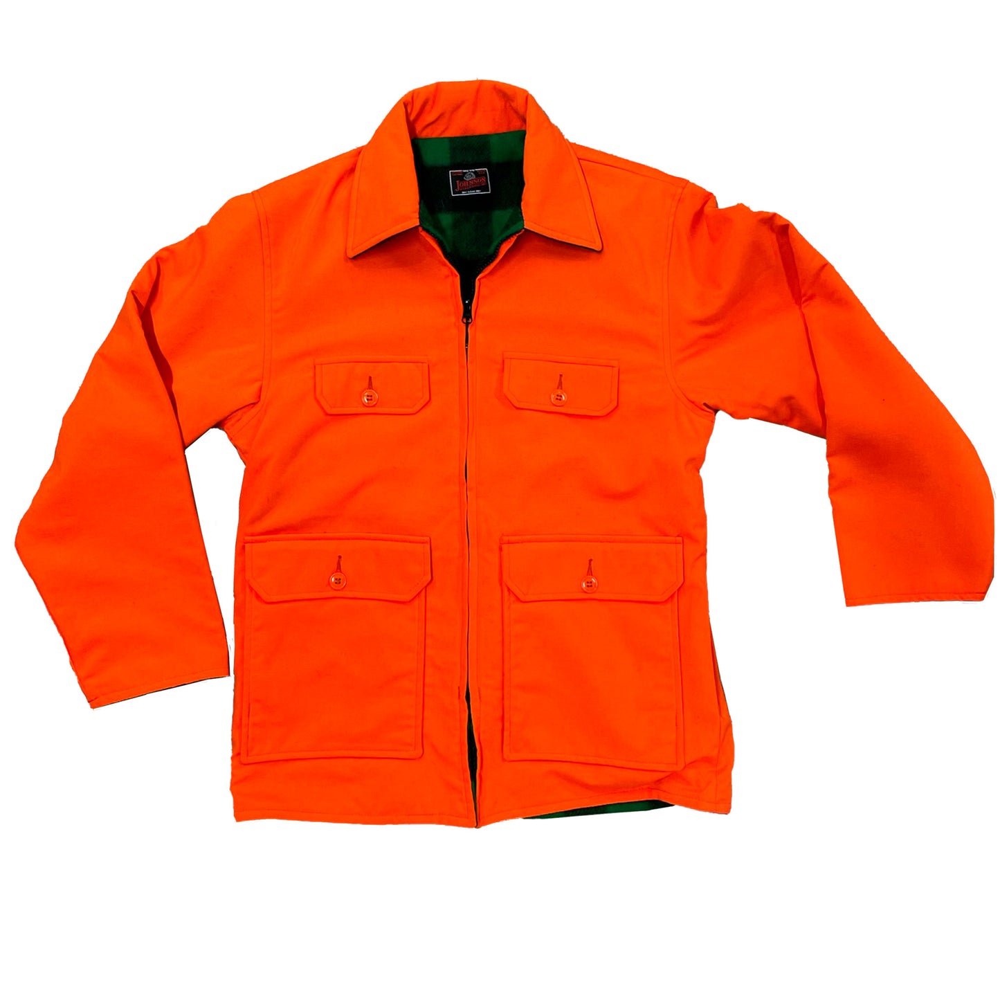 Johnson Woolen Mills blaze orange reversible jacket with green and black check interior