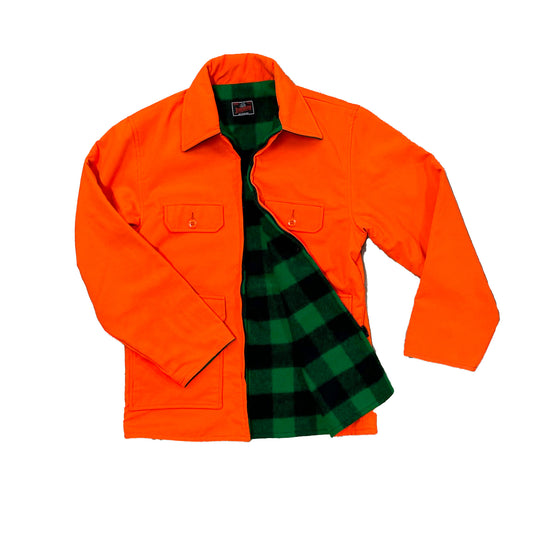 Johnson Woolen Mills blaze orange reversible jacket with green and black check interior view