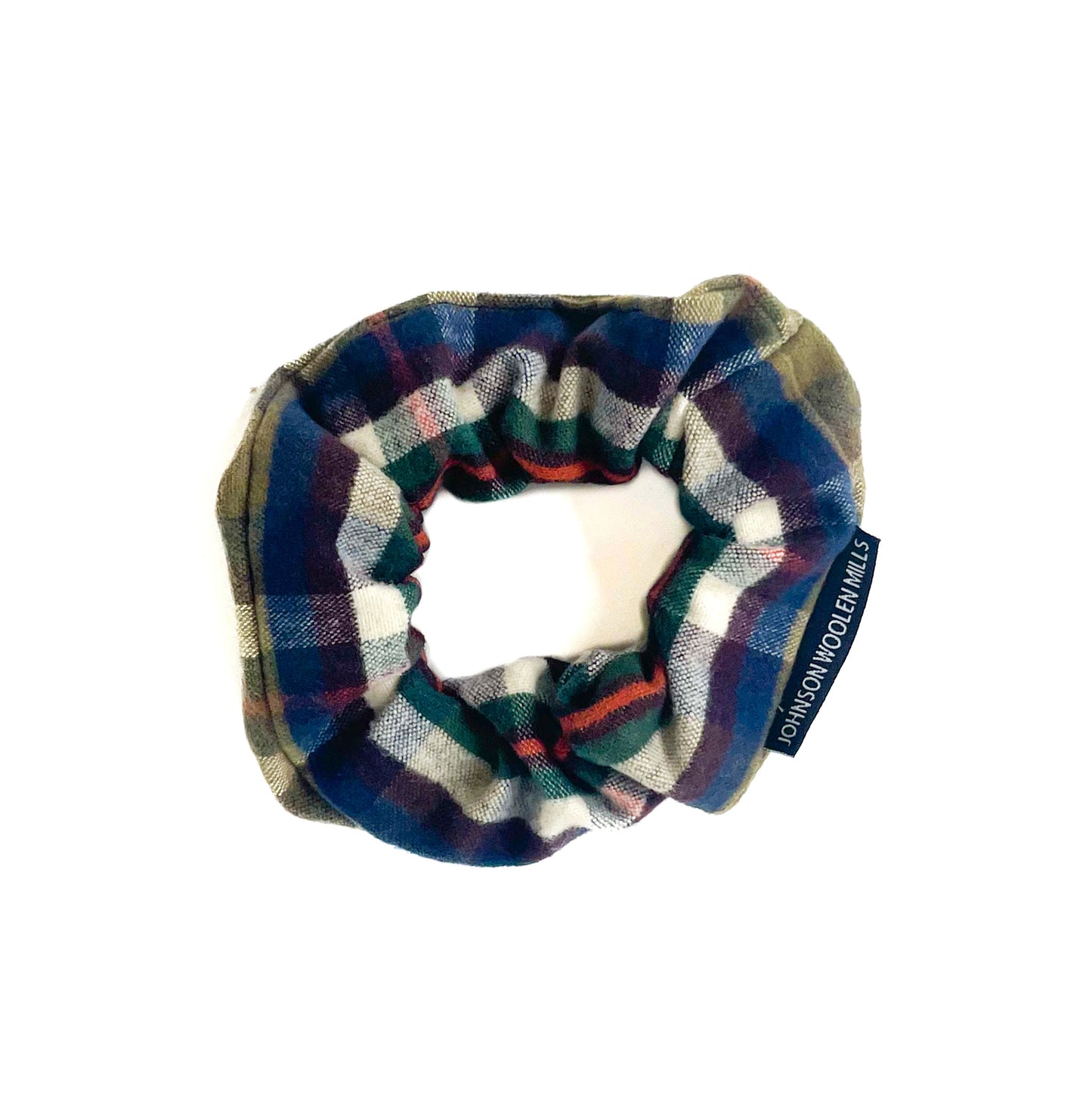 navy, green, red, and white plaid flannel scrunchie