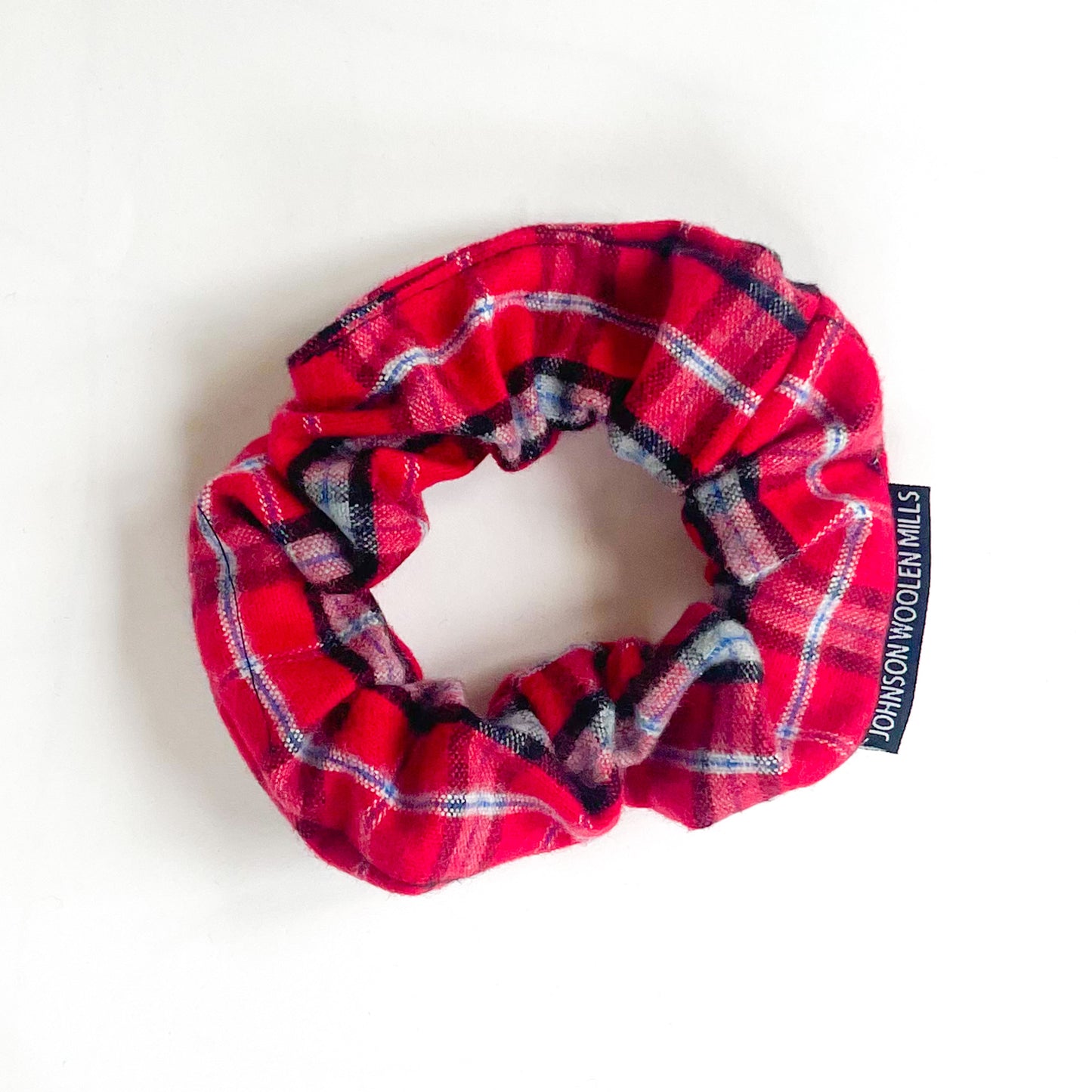 red, black and white plaid flannel scrunchie
