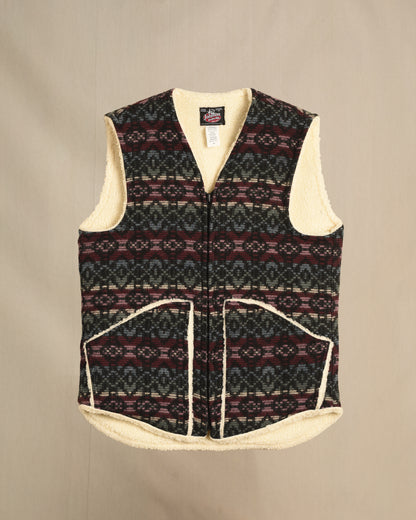 Vest with sherpa lining, raspberry/cream/blue print, zipper front with two pockets, zipped front view