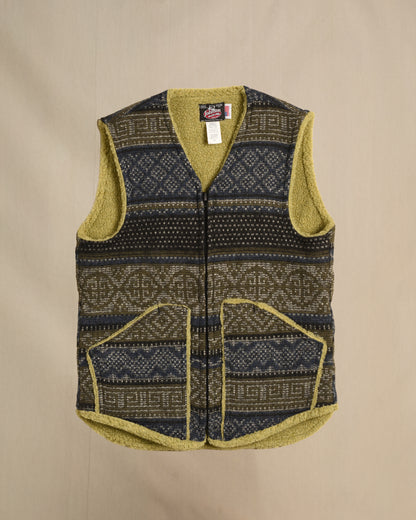 Vest with sherpa lining, Denim blue/olive/black print, zipper front with two pockets, zipped front view