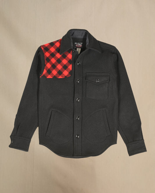 Shooter shirt with red and black buffalo plaid shoulder
