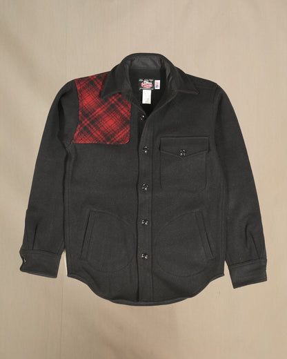 Shooter shirt with red and black muted plaid shoulder