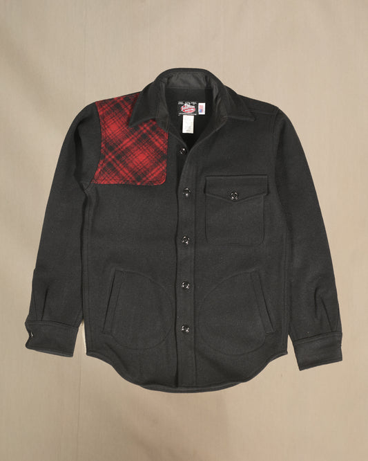 Shooter shirt with red and black muted plaid shoulder