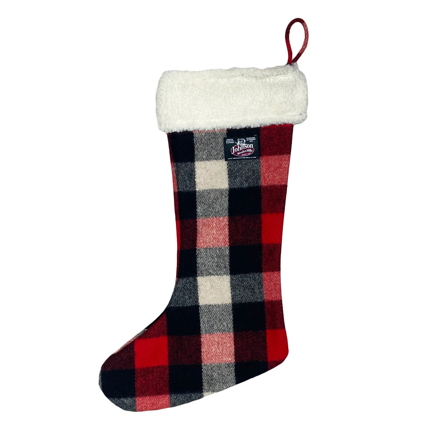 Johnson Woolen Mills red, black, and ivory buffalo check wool Christmas stocking