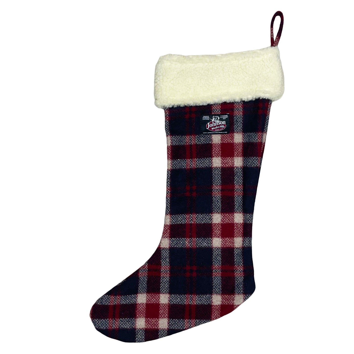 Johnson Woolen Mills red, blue and white wool Christmas stocking