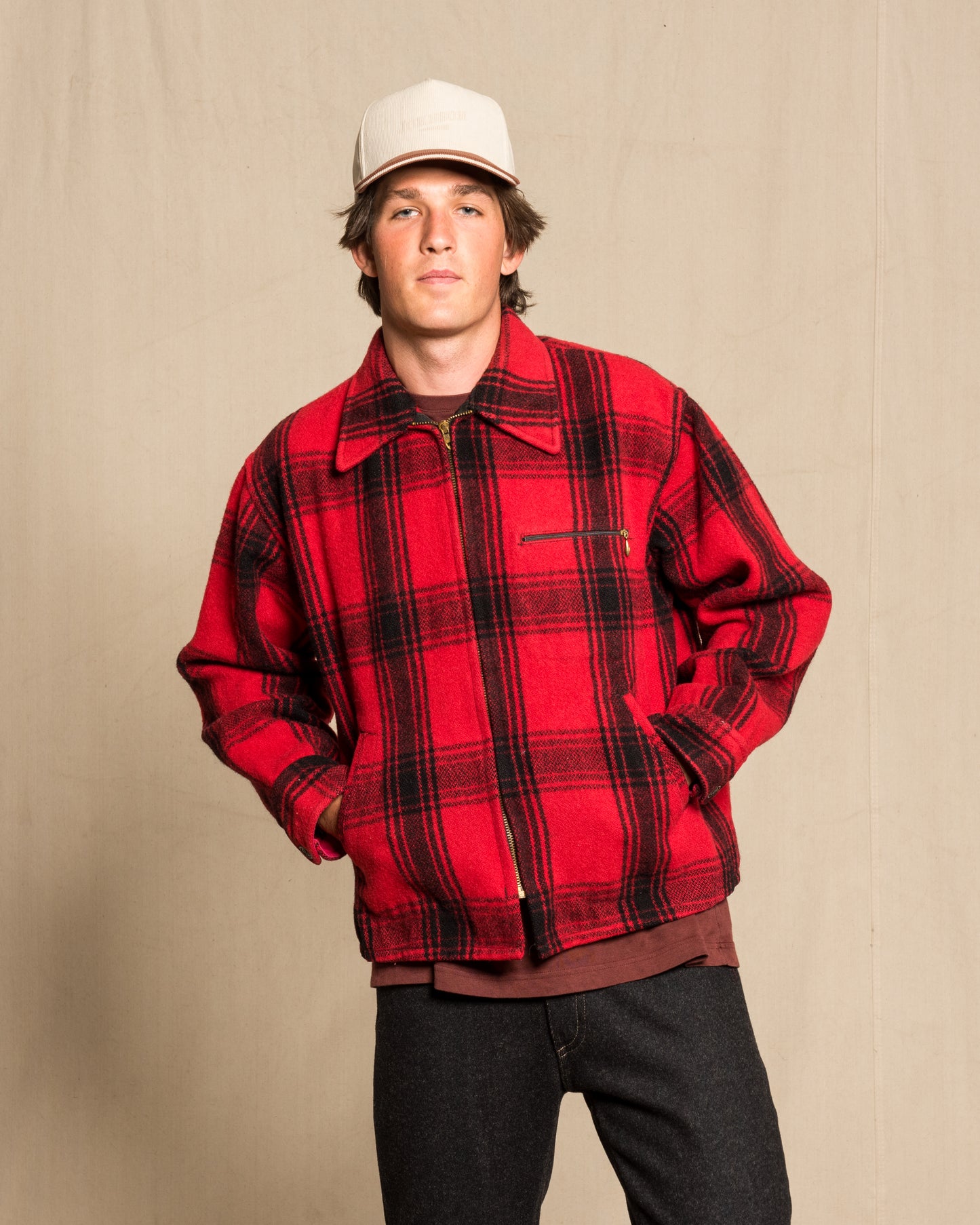 Man wearing vintage plaid wool field jacket