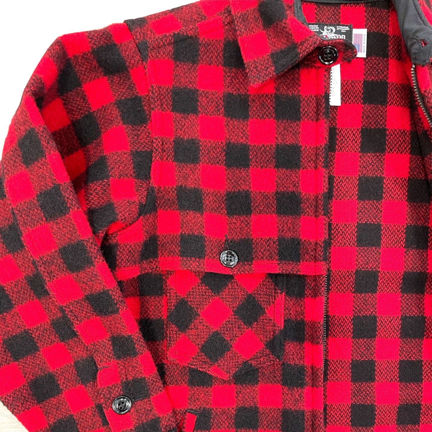 Johnson Woolen Mills Women's red and black buffalo check wool jac shirt pocket detail