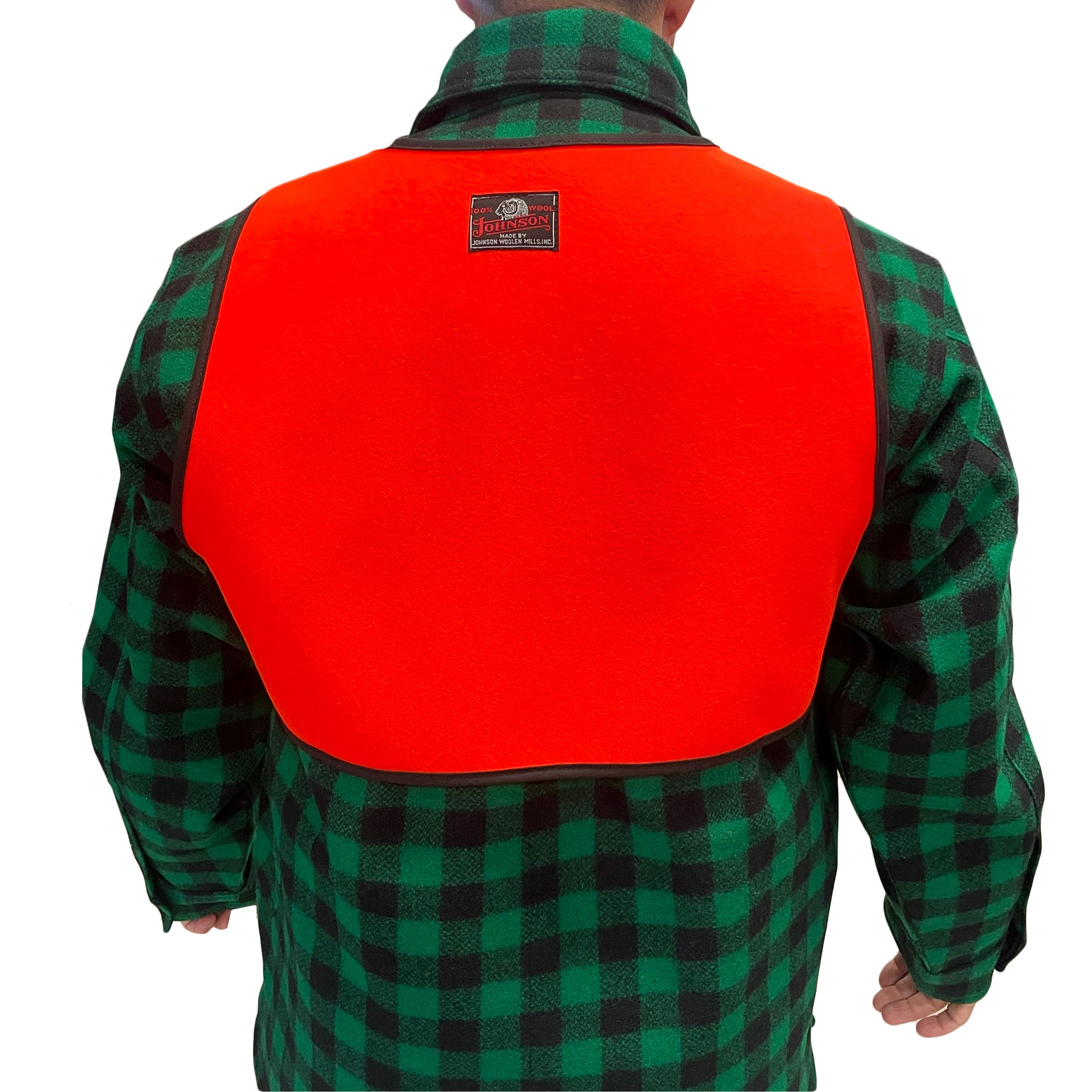 back of Blaze orange wool cape on model