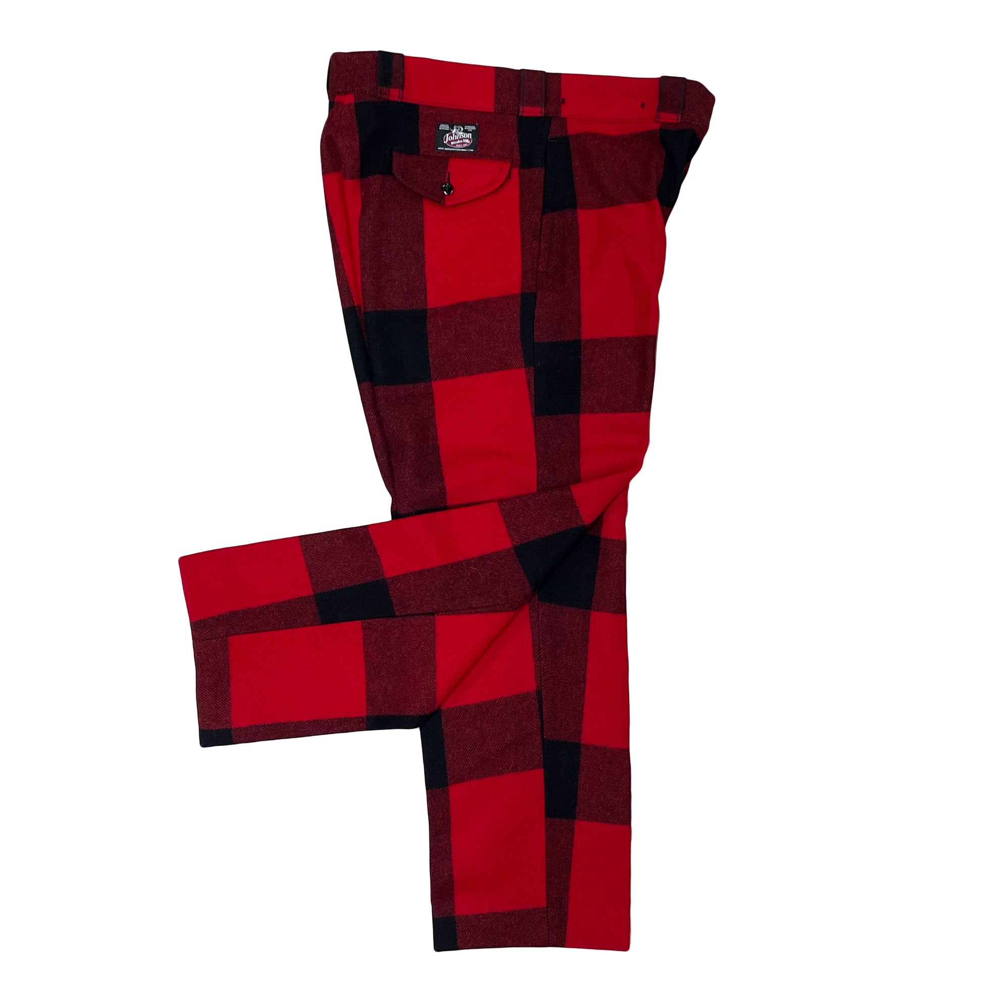 Traditional Wool unlined Pants, red & black squares, belted loop, button & fly zipper, two front & back pockets, side view