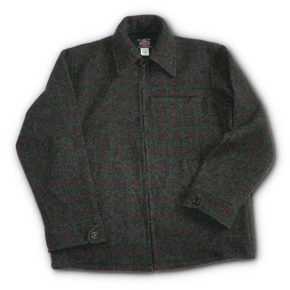 JWM Field Jacket, Adirondack Plaid, Grey with Green and Red pin stripes (front view) Hip length, back is tricot lined and has 2 side pockets and one zip breast pocket with zip up front closure