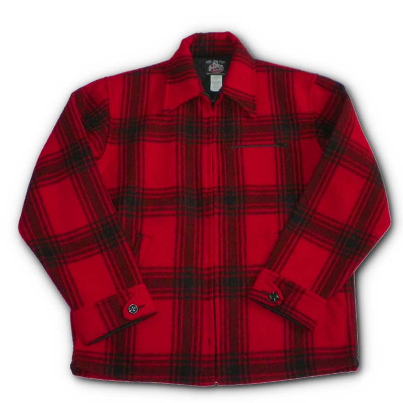 JWM Field Jacket, Red/Black Muted Plaid (front view) Hip length, back is tricot lined and has 2 side pockets and one zip breast pocket with zip up front closure