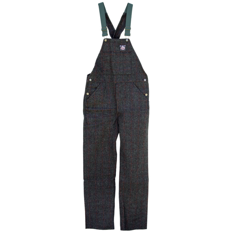 Classic Bib Wool Overall, Adirondack, gray with red & green pin stripes, front chest pockets, two waist & back pockets, adjustable suspender straps, front view